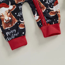 Load image into Gallery viewer, Baby Boys Girls Christmas Jumpsuit Bull Cow Santa Hat Merry Christmas Letter Print Round Neck Long Sleeve Zipper Romper
