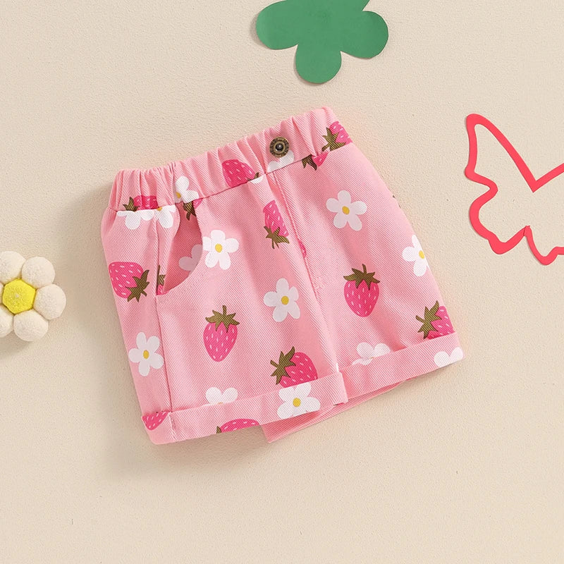 Baby Toddler Girls Summer Denim Shorts Elastic Waist Strawberry Floral Flowers Print Jean Shorts with Pockets