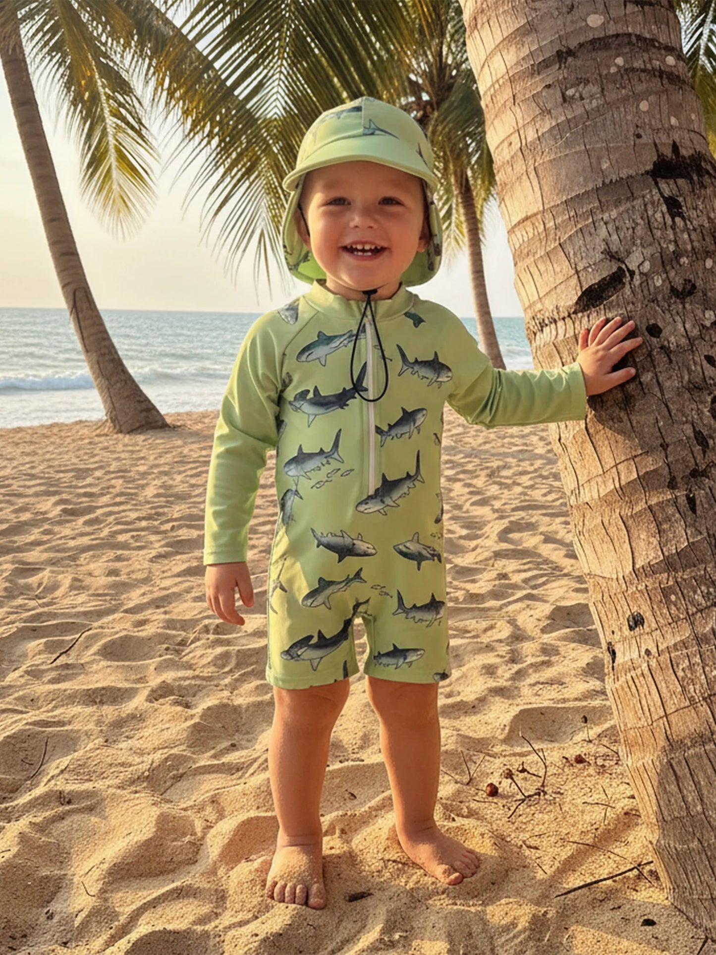Baby Toddler Boys 2Pcs Casual Shark Print Zipper Long Sleeve Bathing Suit Romper with Swim Cap Set