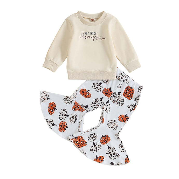 Baby Toddler Kids Girls 2Pcs Hey There Pumpkin Print Long Sleeve Top Flare Pants Halloween Outfit