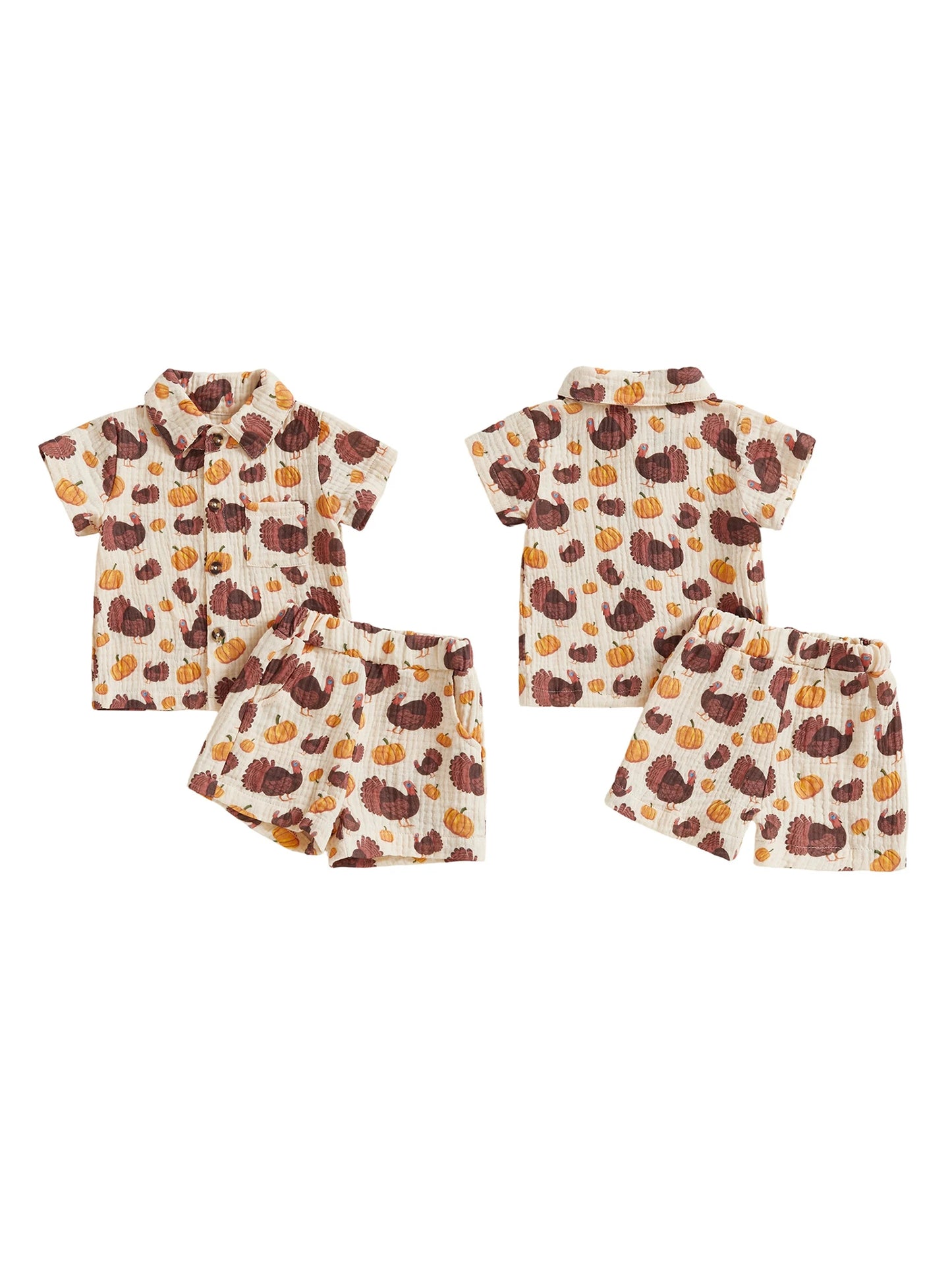 Baby Toddler Boys 2Pcs Thanksgiving Day Short Sleeve Lapel Button Up Turkey Pumpkin Print Top and Shorts Sets