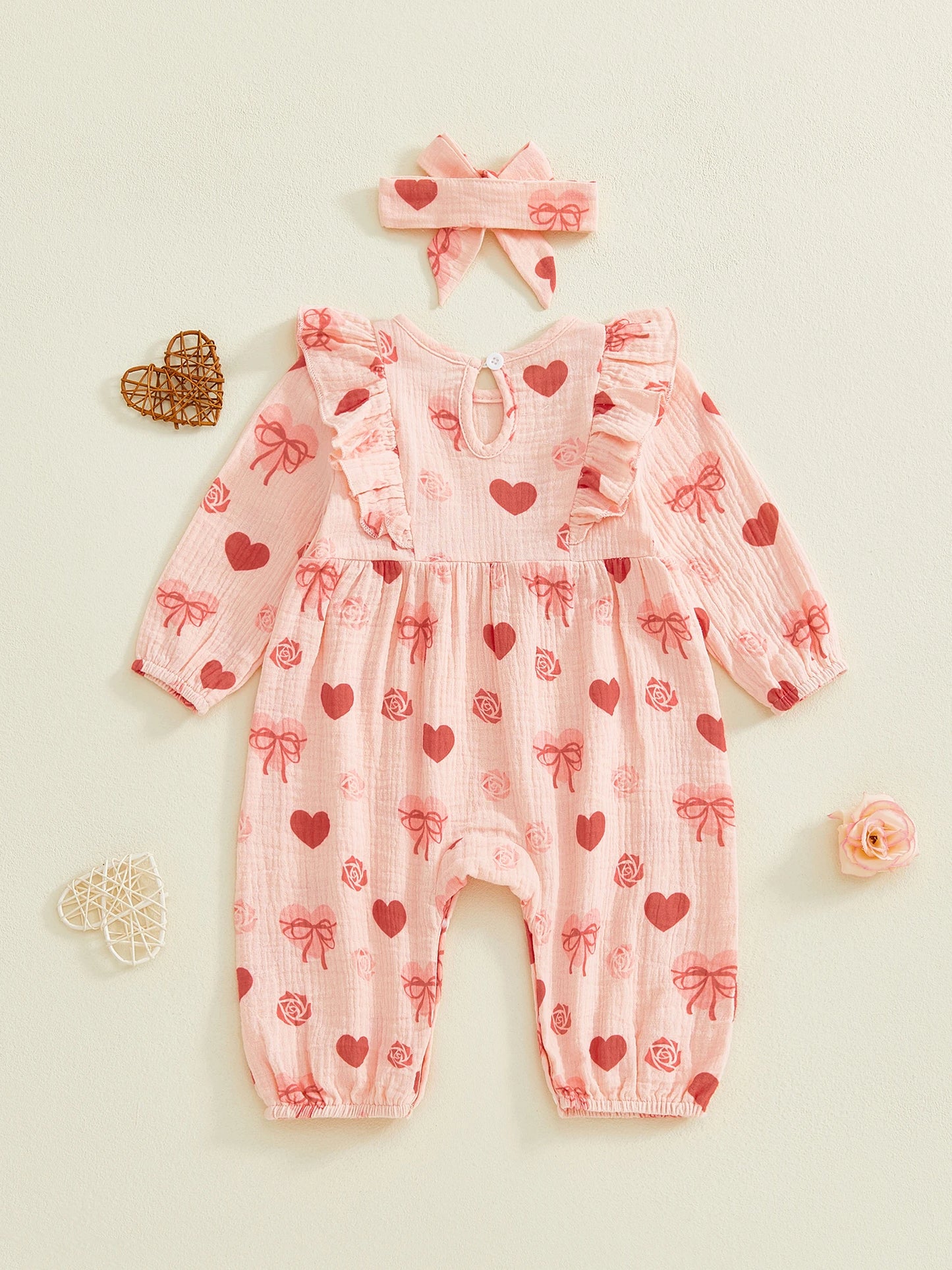 Baby Girl 2Pcs Valentine's Day Outfit Long Sleeve Round Neck Heart Print Jumpsuit Romper with Headband Set