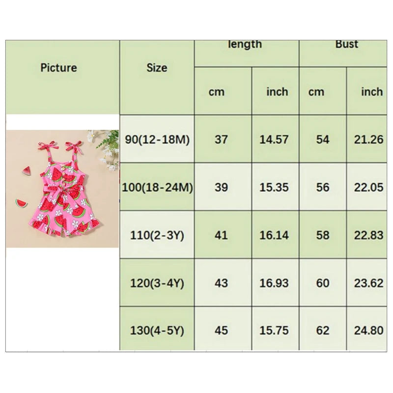 Baby Toddler Kids Girl Summer Jumpsuit Sleeveless Tie Strap Watermelon Print Belted Romper Shorts