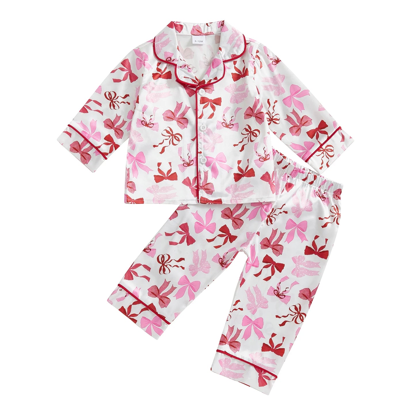Baby Toddler Girl 2Pcs Pajamas Set Bow Pattern Button Down V Neck Long Sleeve Top and Pants Lounge Wear 2 Pcs PJs Set for Fall Winter