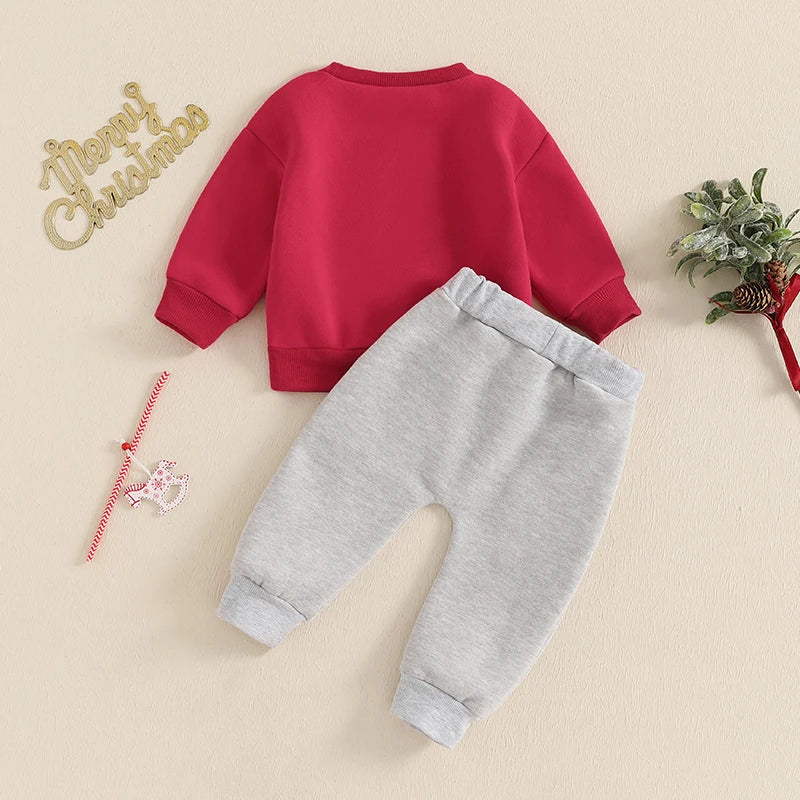 Baby Toddler Boys 2Pcs Christmas Outfit Long Sleeve Santa Embroidery Top and Pocket Pants Jogger Set