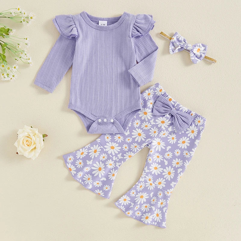 Baby Girl 3Pcs Fall Outfit Long Sleeve Ribbed Romper Daisy Flower Flare Pants Bow Headband Set