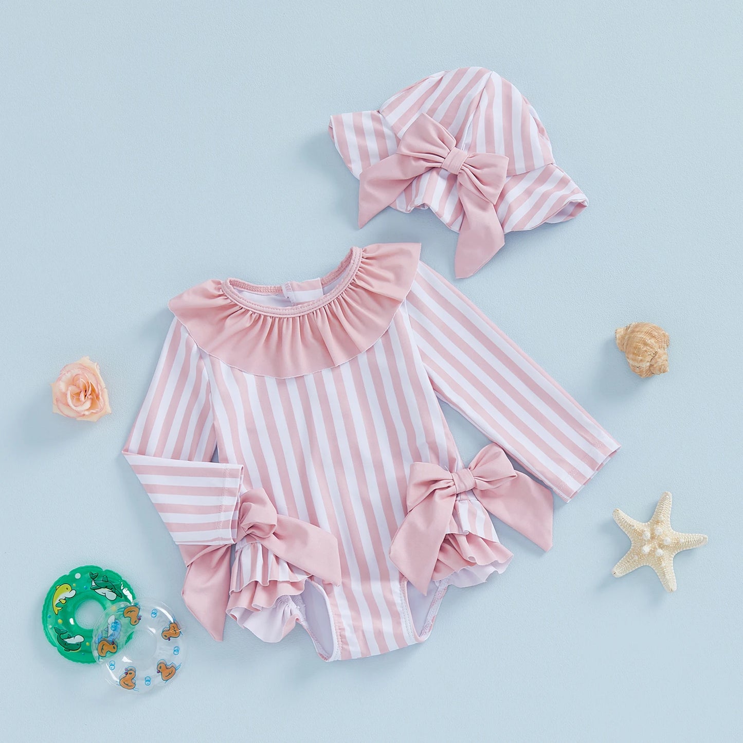 Baby Toddler Girls 3Pcs Swimsuit Ruffles Collar Long Sleeve Striped Print Bow Swimwear with Hat Set
