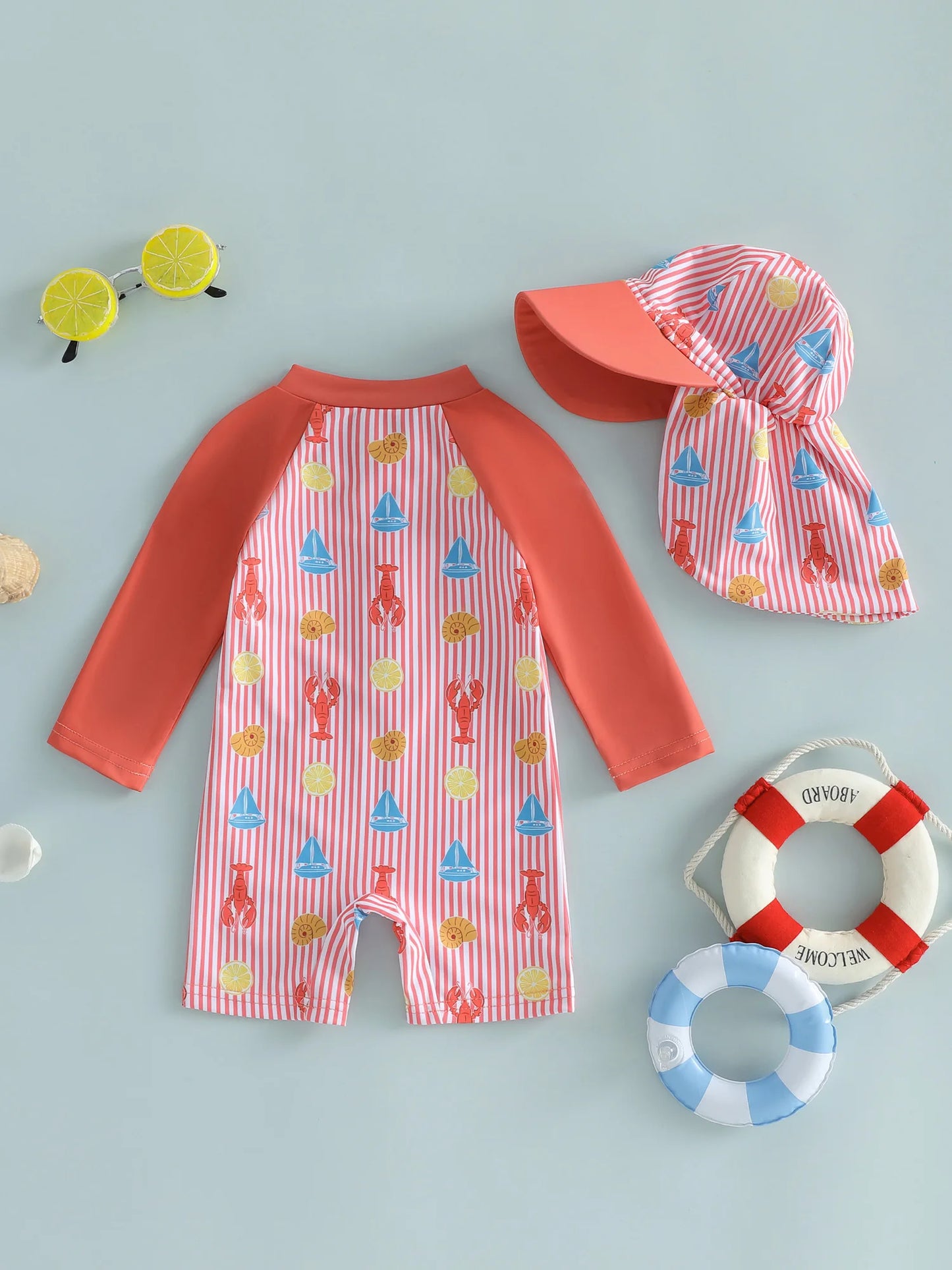 Baby Toddler Boy 2Pcs Rash Guard Swimsuit Shrimp Print Long Sleeves Front Zipper Striped Bathing Suit with Hat Set
