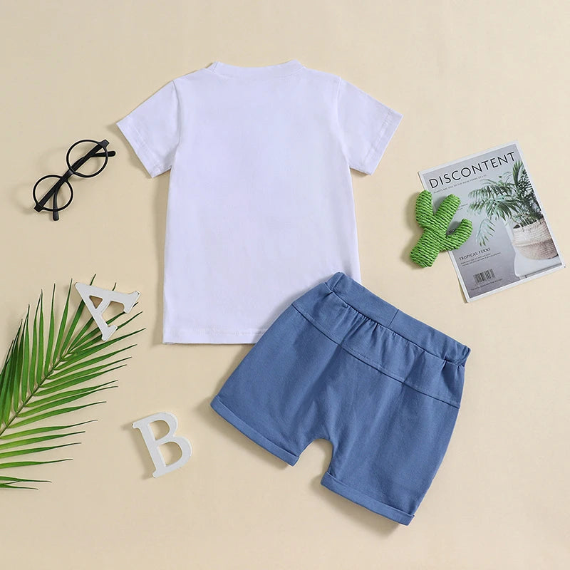 Baby Toddler Kids Boys Dad's Dude Summer Short Sleeve Letter Embroidery Top and Drawstring Shorts Outfit Set