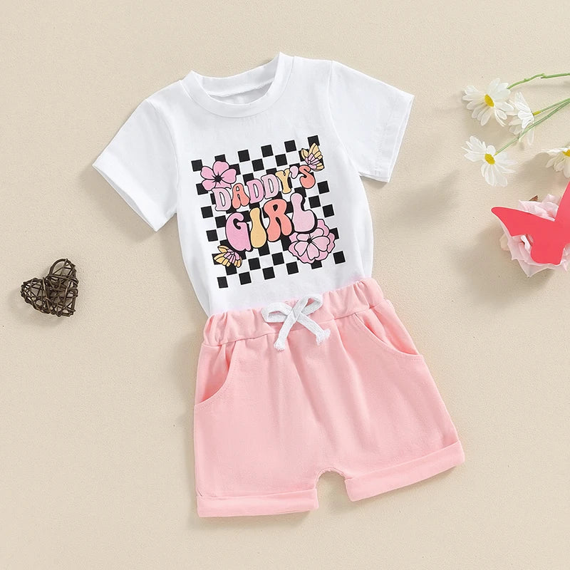 Baby Toddler Girls 2Pcs Mama's / Daddy's Girl Summer Outfit Letter Floral Flowers Checker Print Short Sleeve Top with Solid Color Elastic Waist Shorts Set