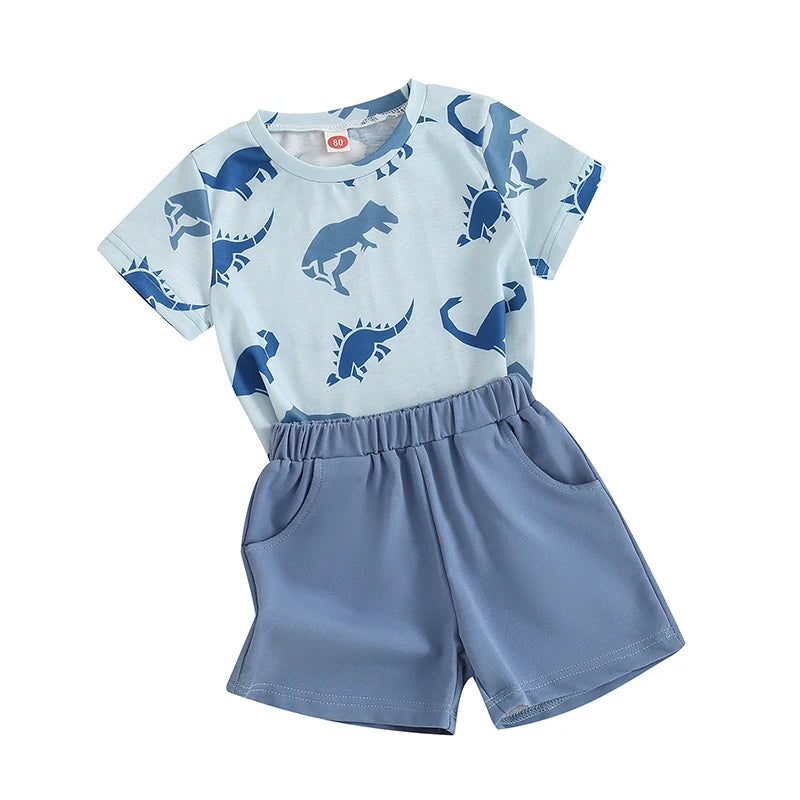 Baby Toddler Boys 2Pcs Outfit Dinosaur Print Short Sleeve Top Elastic Waist Shorts Clothes Set