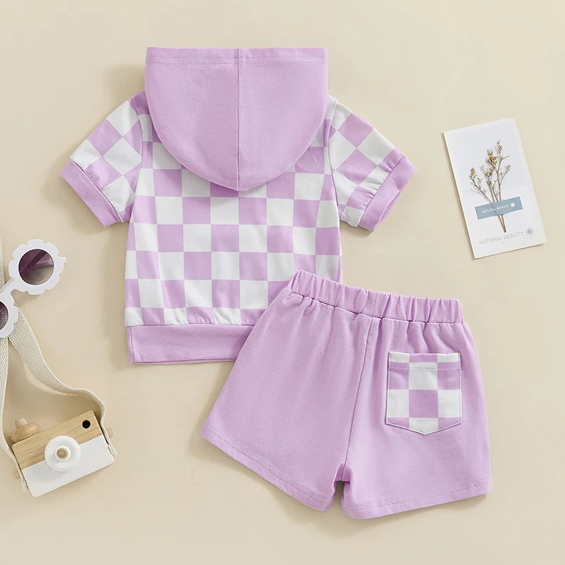 Baby Toddler Boys Girls 2Pcs Short Sleeve Checkerboard Hooded Top with Pocket and Drawstring Shorts Set Outfit