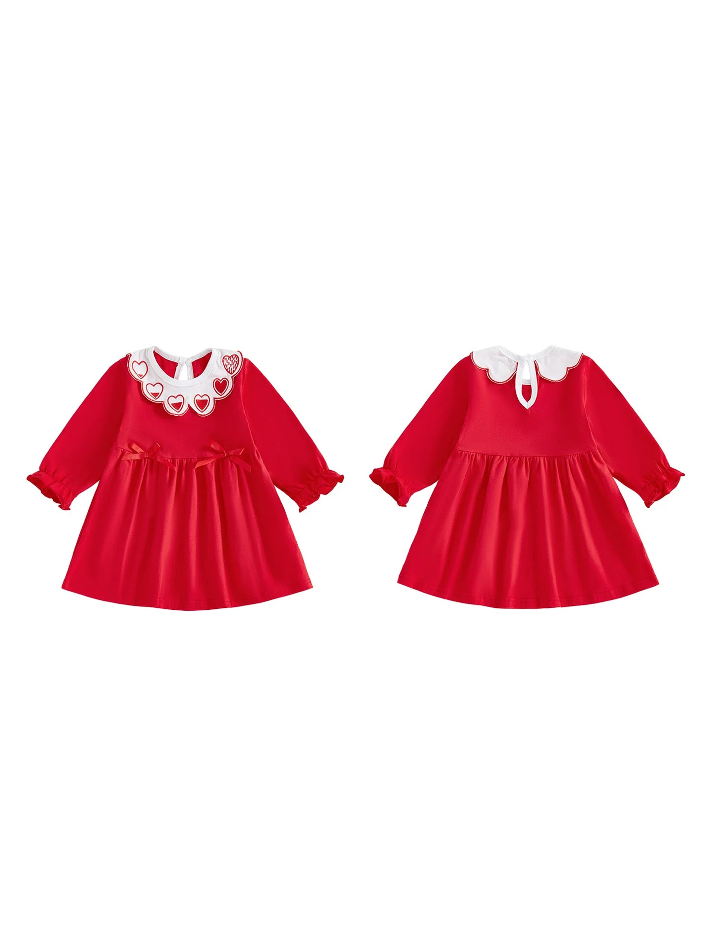 Baby Toddler Girls Valentine's Day Dress Heart Embroidery Collar Bow Decorated Long Sleeve Round Neck Dress