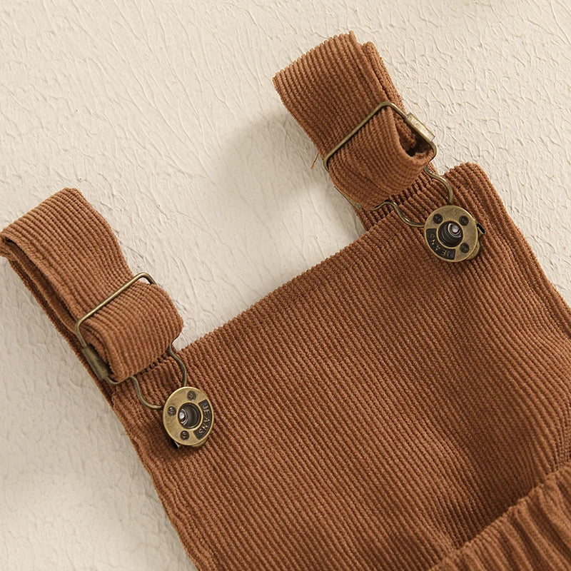 Baby Girl 2Pcs Fall Outfit Solid Ruffled Long Sleeve Crew Neck Romper with Corduroy Suspender Skirt 2Pcs Set