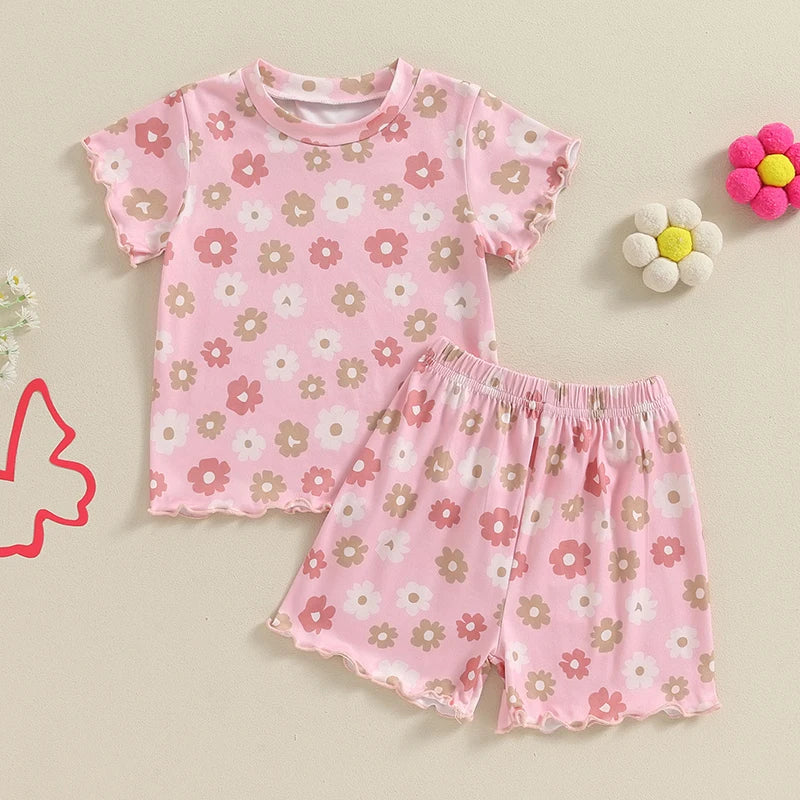 Baby Toddler Girls 2Pcs Flowers Short Sleeve O Neck Floral Print Top Matching Shorts Set Outfit