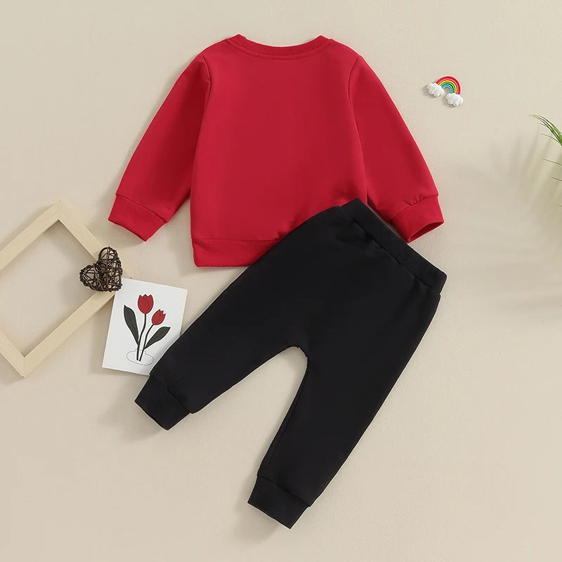 Baby Toddler Boys 2Pcs Valentine’s Day Outfit Long Sleeve Letters Lover Boy Crew Neck Top + Jogger Pants Set