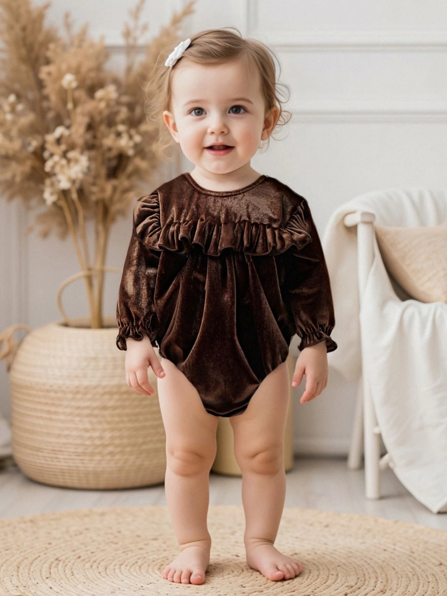 Baby Girls Velvet Romper Solid Color Ruffled Round Neck Long Sleeve Bubble Jumpsuit