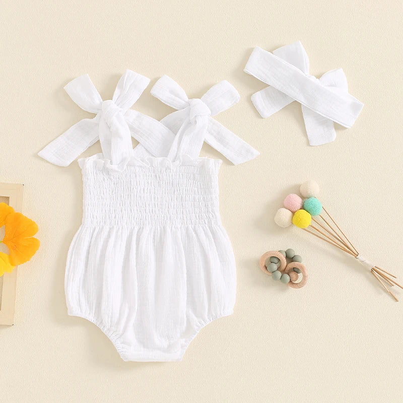 Baby Girl 2Pcs Summer Outfit Cute Sleeveless Tie Shoulder Strap Tank Romper with Headband Set