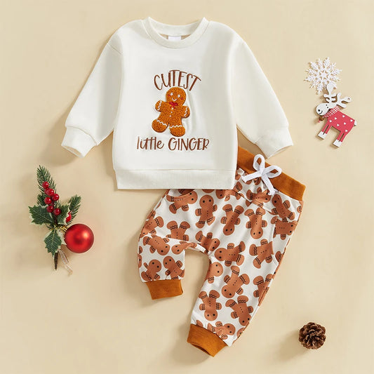 Baby Toddler Boys Girls 2Pcs Christmas Sets Long Sleeve Letter Gingerbread Man Embroidery Top Drawstring Pant Jogger Set