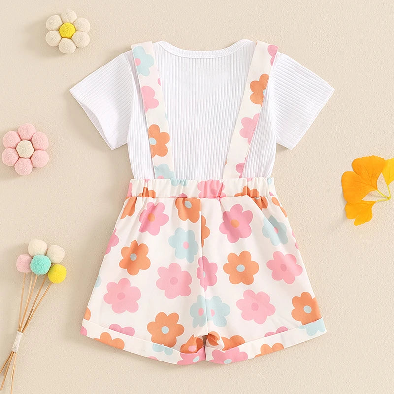 Toddler Kids Girls 2Pcs Summer Outfit Solid Color Ribbed Short Sleeve Top and Flower Strawberry Print Suspender Shorts Overalls Set