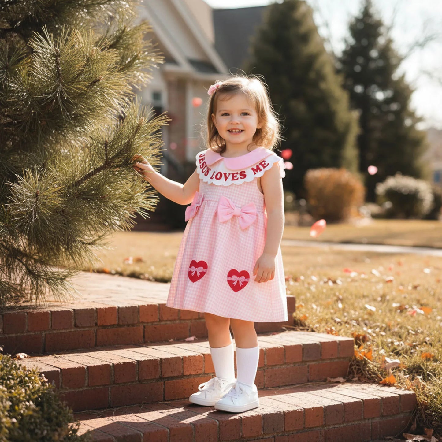 Baby Toddler Girls A-line Dress Valentine's Day Jesus Loves Me Sleeveless Doll Collar Letter Heart Embroidery Plaid Dress