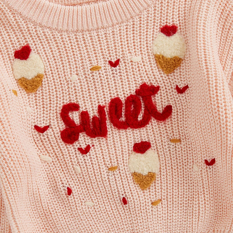 Baby Toddler Girls Valentine's Day Sweater Long Sleeve Round Neck Ice Cream Heart Letters Sweet Embroidery Knit Pullover Top Valentines