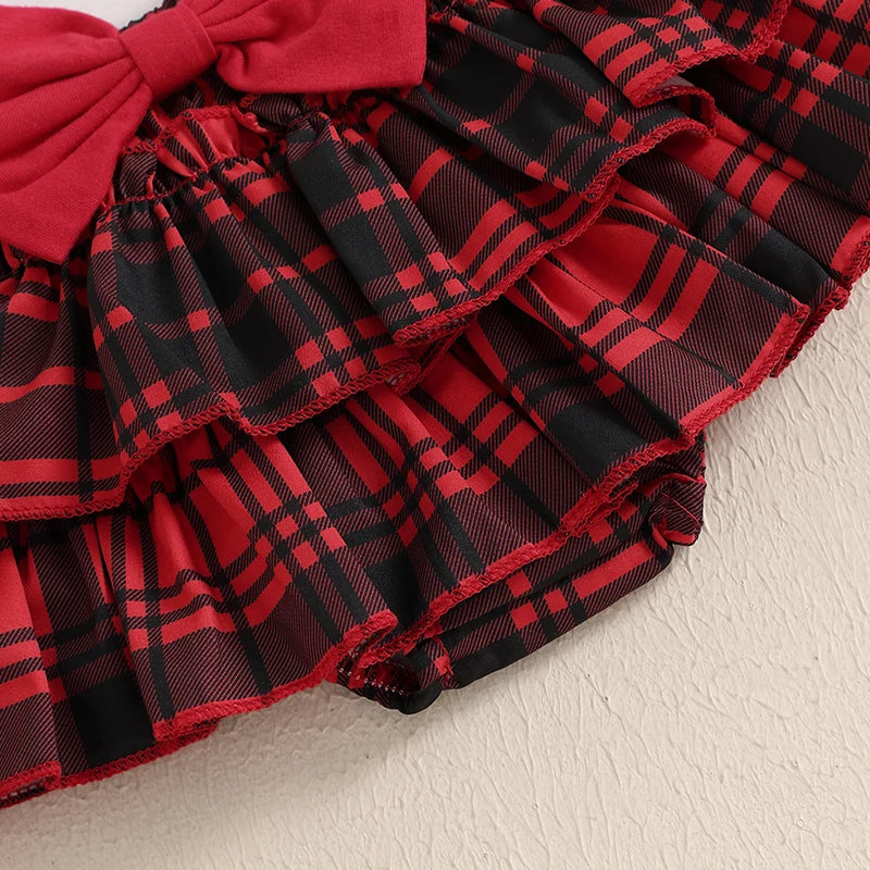 Baby Toddler Girls 4Pcs My 1st Christmas / Santa Baby First Outfit Letter Reindeer Ruffle Long Sleeve Romper Plaid Layered Ruffle Shorts Skirt Bloomers Socks Headband Bow Set