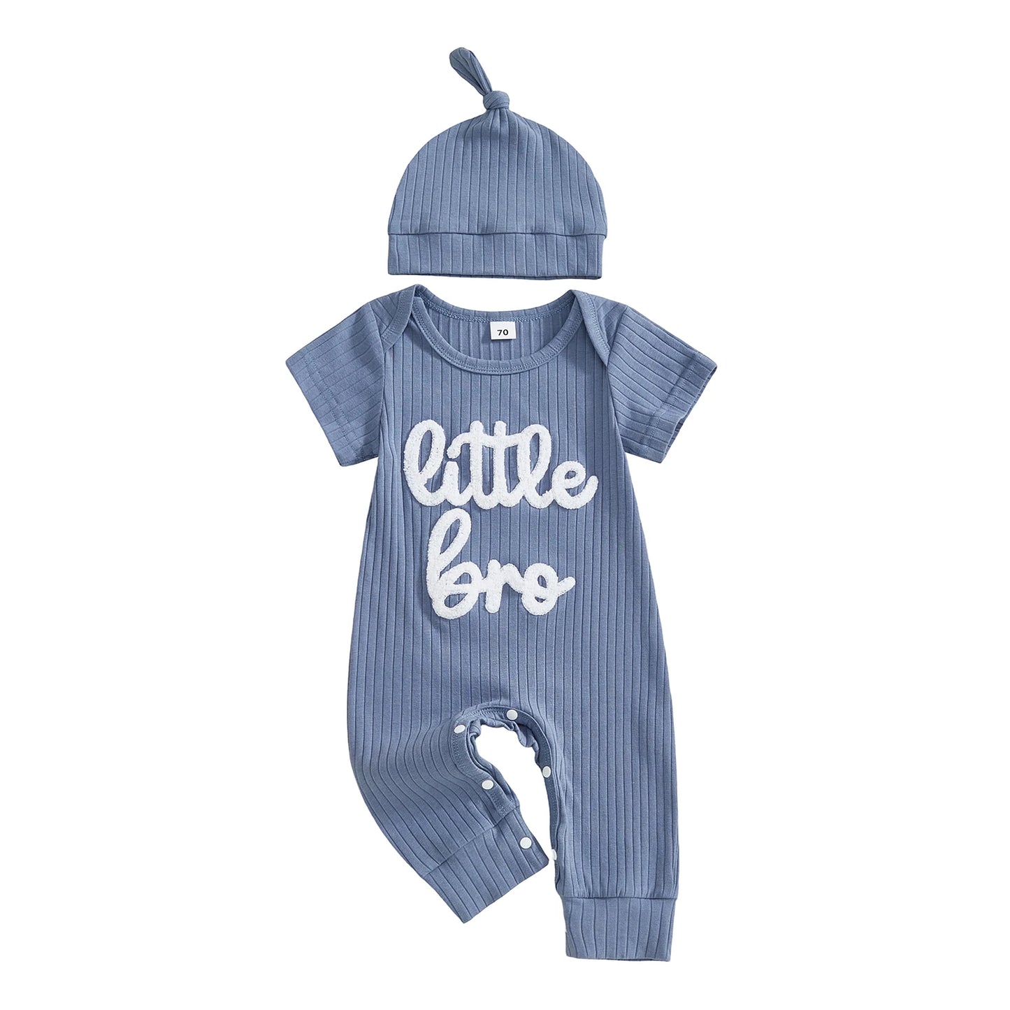 Baby Boy 2Pcs Little Bro Short Sleeve Romper Ribbed Letter Embroidery Round Neck Infant Jumpsuit with Hat Set