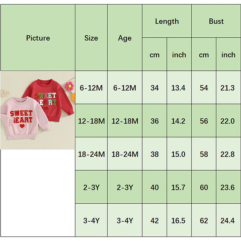 Baby Toddler Girls Valentine's Day Sweet Heart Letters Long Sleeve O-neck Embroidery Pullover Top