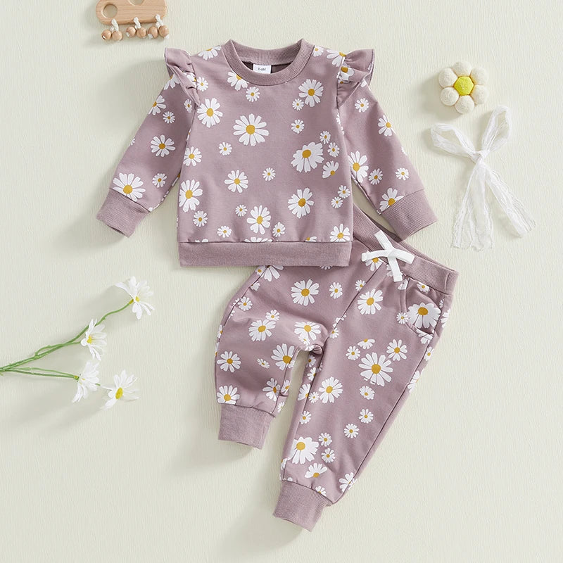 Baby Toddler Girls 2Pcs Spring Fall Outfit Daisy Print Ruffle Long Sleeve Pullover Top Elastic Waist Jogger Pants Set