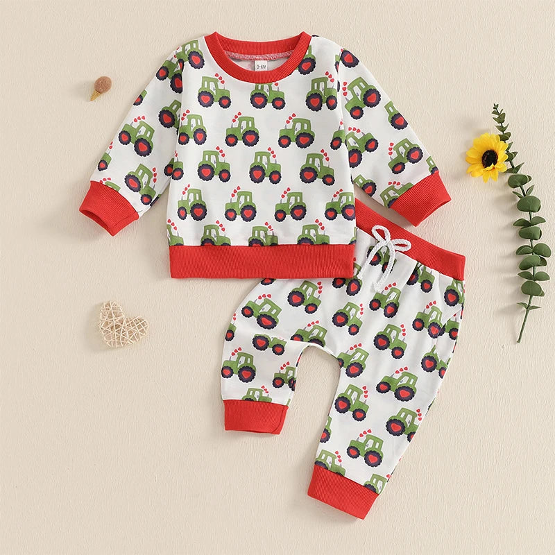 Baby Toddler Boys 2Pcs Outfit Long Sleeve Tractor Print Top and Pants Jogger Set