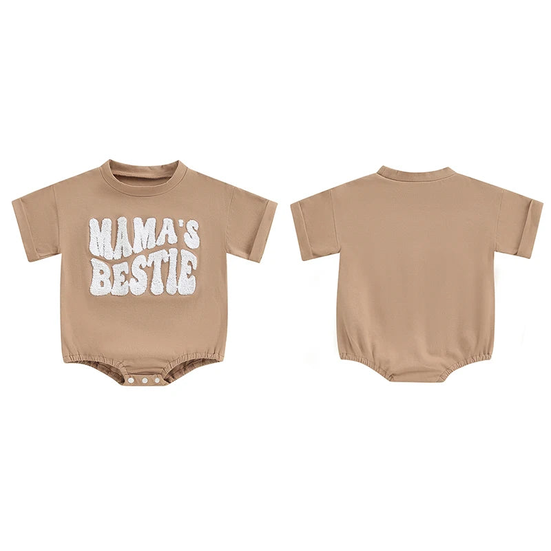 Baby Boy Girl Mama's Bestie Romper Casual Letter Embroidery Round Neck Short Sleeve Jumpsuit