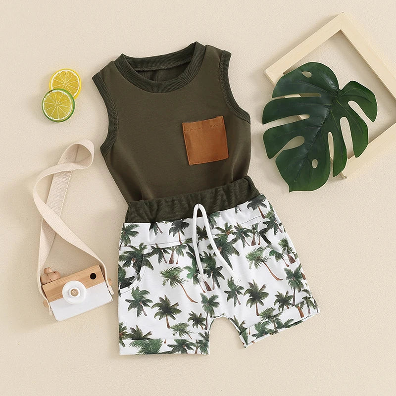 Toddler Baby Boys 2Pcs Summer Shorts Set Sleeveless Tank Top wth Pocket and Tropical Palm Tree Print Shorts Set