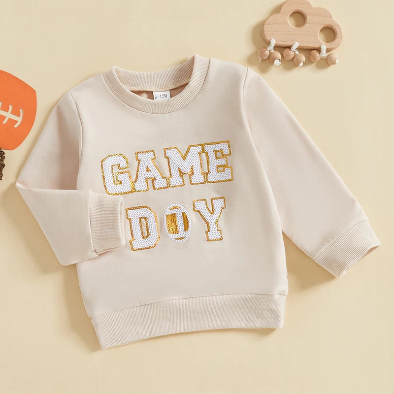 Baby Toddler Boys Girls Fall GAME DAY Football Sequin Letter Embroidery Long Sleeve Crew Neck Pullover Top