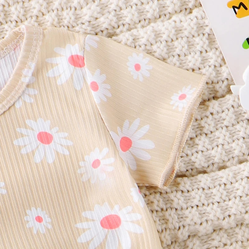 Baby Toddler Girl 2Pcs Clothes Set Round Neck Short Sleeve Daisy Flower Print Top + Elastic Waist Shorts Outfit