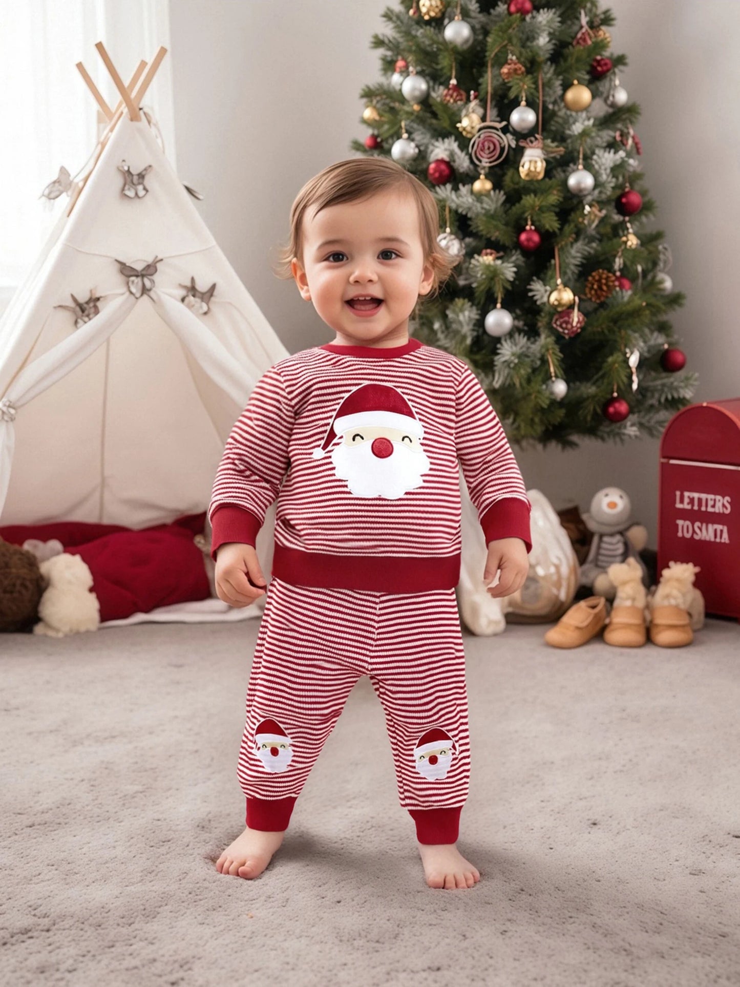 Baby Toddler Boys 2Pcs Striped Set Santa Claus Embroidery Long Sleeve Pullover Top with Pants Christmas Outfit