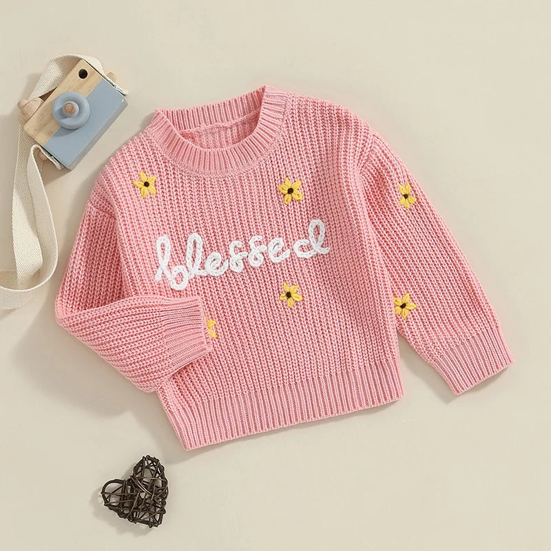 Baby Toddler Girls Blessed Crewneck Knitwear Sweater Flowers Embroidery Long Sleeve Top