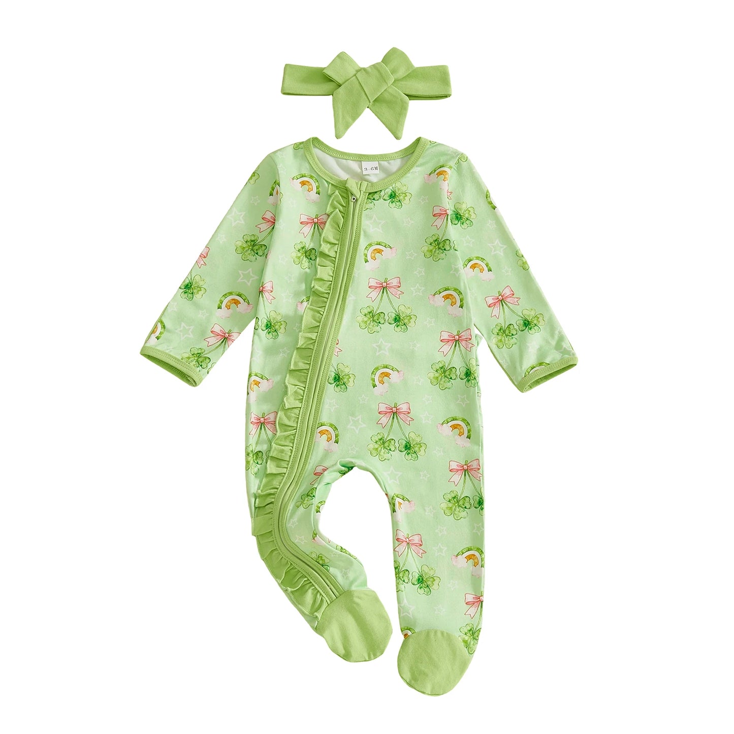 Baby Girl 2Pcs Romper Irish Clover Rainbow Print Long Sleeve Zipper Romper St. Patrick's Day Footed Jumpsuit with Headband Set