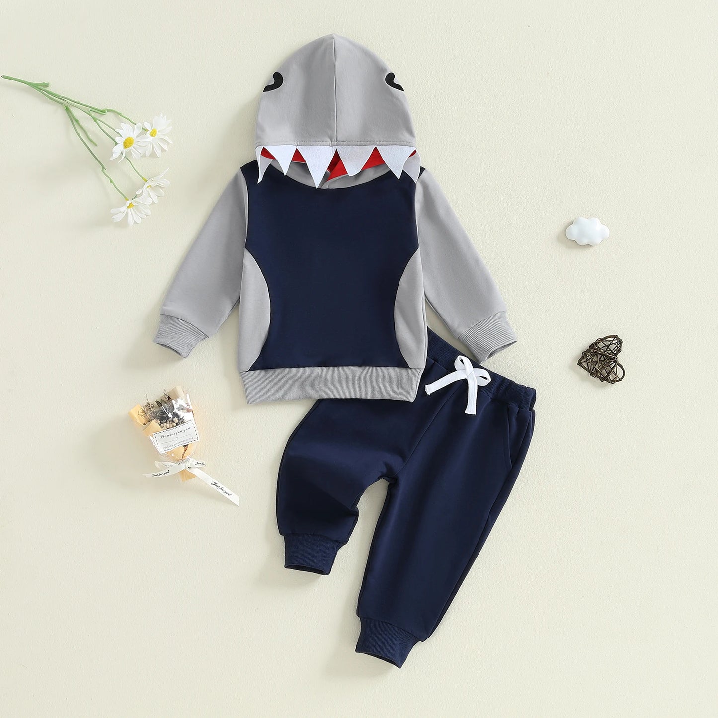 Baby Toddler Boys 2Pcs Fall Outfit Shark Pattern Long Sleeve Hoodie Elastic Waist Pants Jogger Set