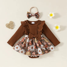 Load image into Gallery viewer, Baby Toddler Girls 2Pcs Fall Outfit Flower Print Ruffle Trim Long Sleeve Romper Dress Skirt Bow Headband Set
