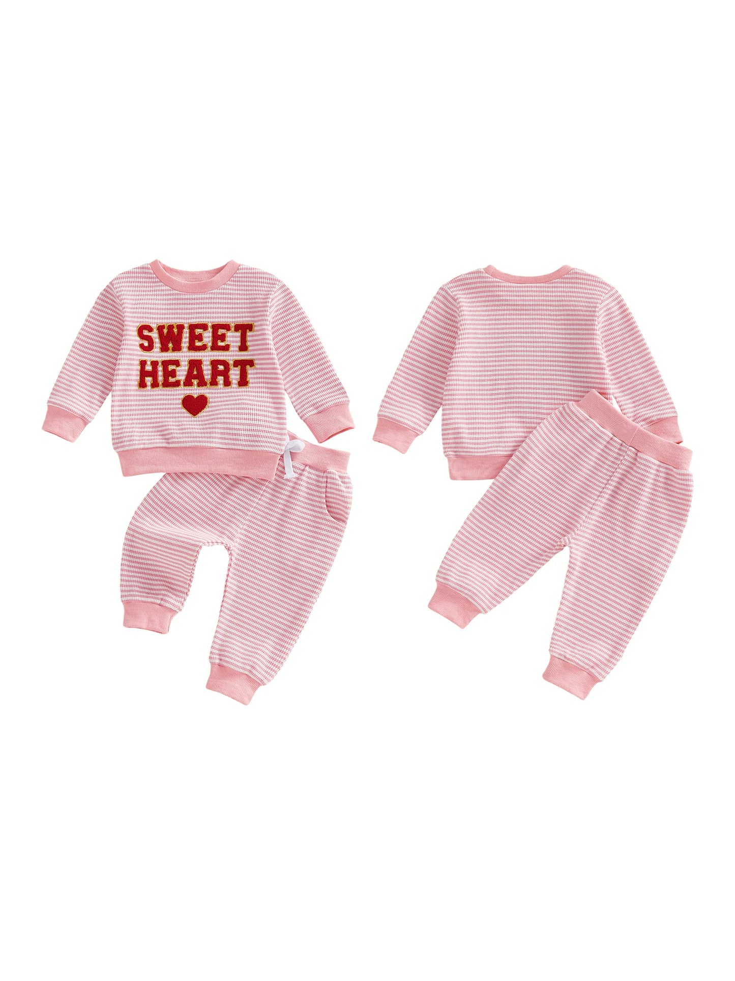 Baby Toddler Girl 2Pcs Sweet Heart Valentine’s Day Outfits Long Sleeve Stripes Top Pocket Pants Jogger Set Toddler Clothes