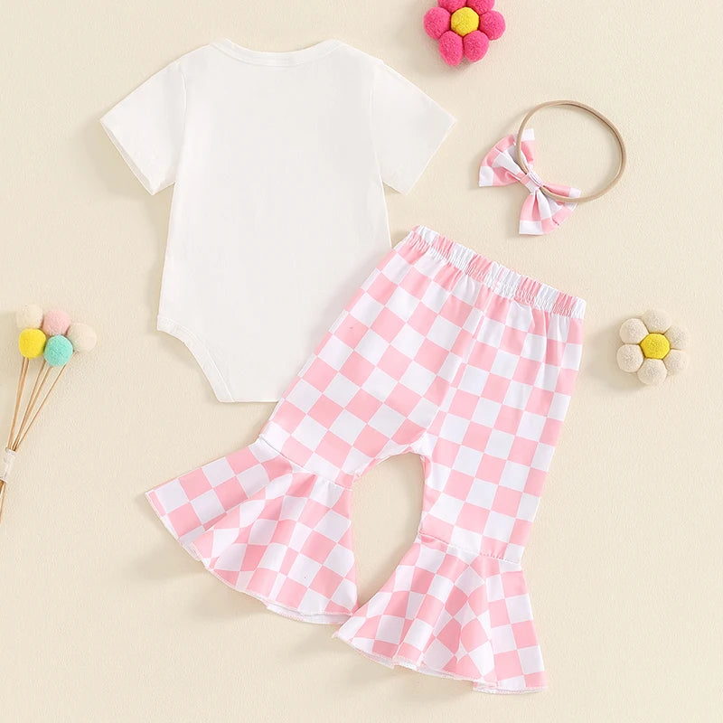 Baby Girls 3Pcs Summer Outfit Floral Rainbow Print Short Sleeve Romper and Checkered Flare Pants Headband Bow Clothes Set