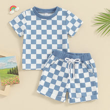 Load image into Gallery viewer, Toddler Baby Girl Boy 2Pcs Summer Short Outfit Checkered Plaid Short Sleeve T-Shirt Shorts Set
