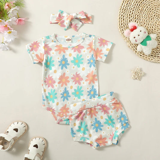 Baby Girls 3Pcs Short Sleeve Floral Flower Print Romper with Matching Shorts and Headband Clothes Set Outfit