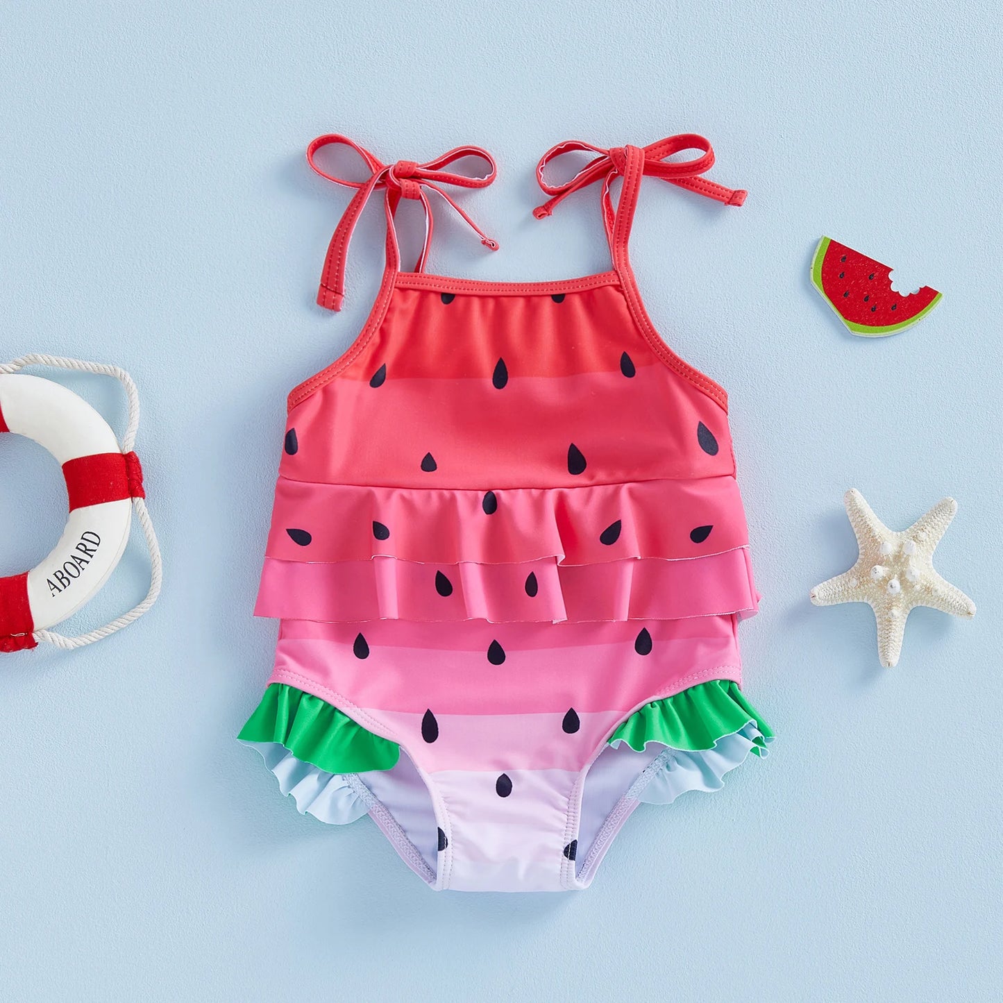 Baby Toddler Girl Swimsuit Summer Sleeveless Tie Straps Layered Ruffles Watermelon Swimwear Romper Bathing Suit