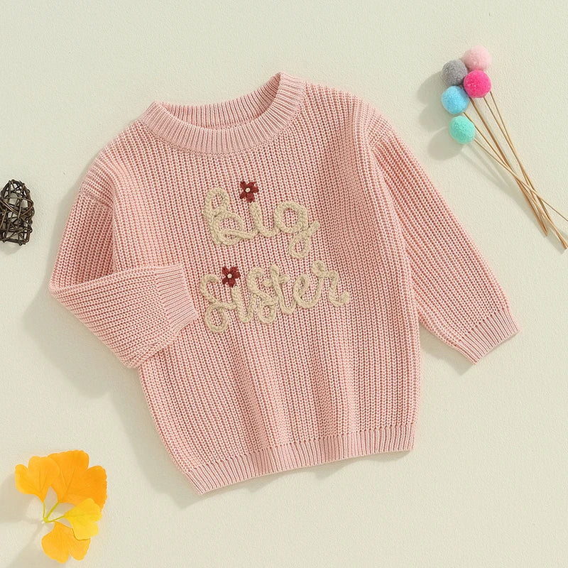 Baby Toddler Kids Girls Big Sister Autumn Winter Knit Sweater Long Sleeve O Neck Letter Embroidery Pullover Knitwear Top