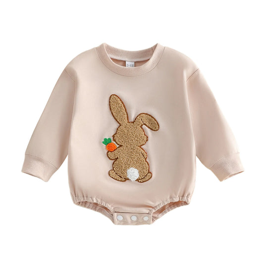 Baby Boys Girls Easter Romper Fashionable Cute Bunny Embroidery Long Sleeve Jumpsuit