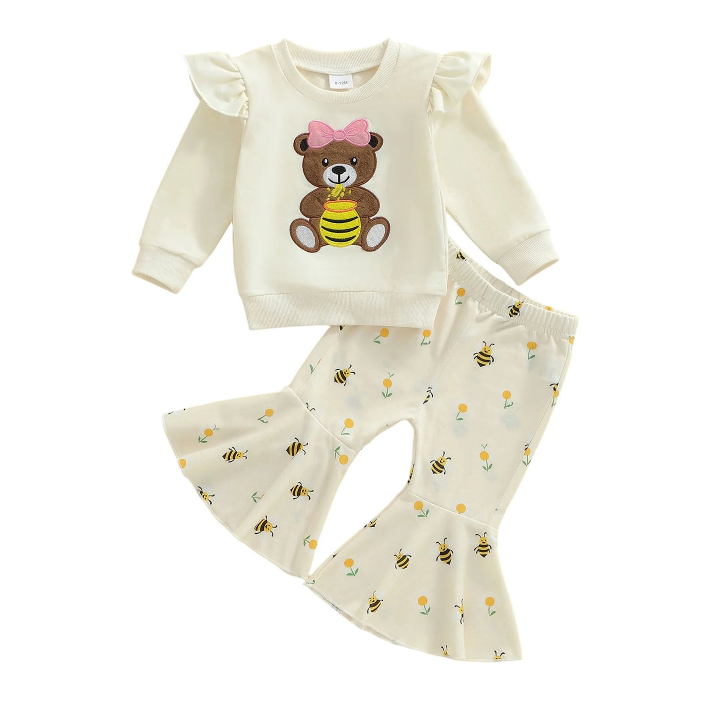Baby Toddler Girls 2Pcs Pants Sets Long Sleeve O Neck Bear Embroidery Top Bee Print Flared Pants