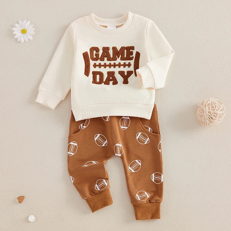 Baby Toddler Boys Girls 2Pcs Outfit Game Day Long Sleeve Letter Embroidery Pullover Top Football Print Pants Jogger Set