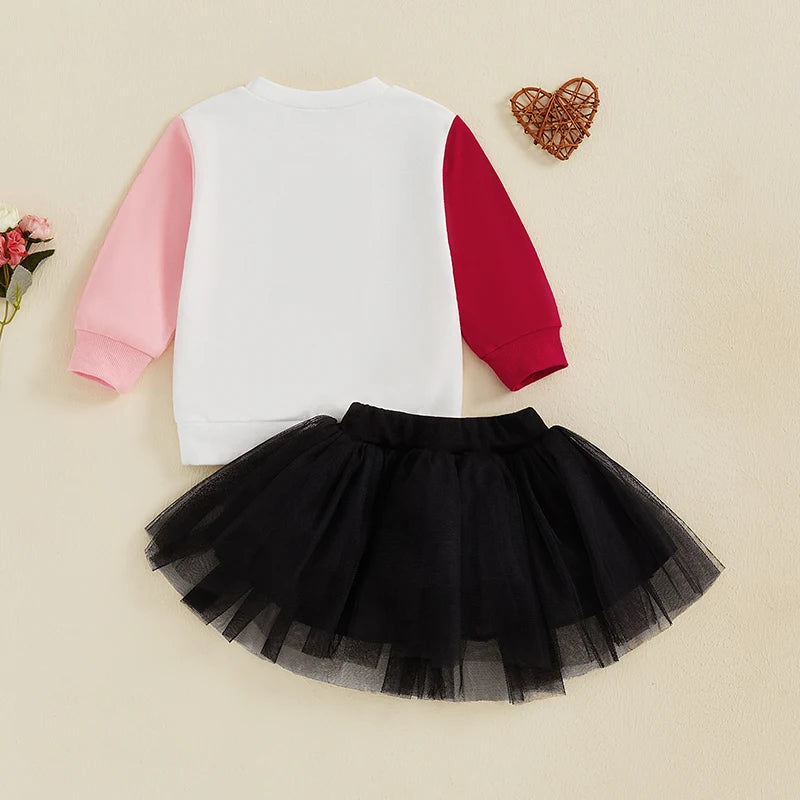 Baby Toddler Girls 2Pcs Heart You Forever Valentine's Day Set Long Sleeve Letters Print Contrast Color Crewneck Top with Tulle Tutu Skirt Valentines Outfit